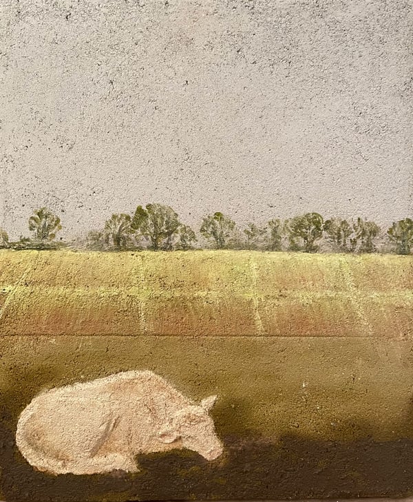 Vache endormie — Enduits en terre crue, peinture à l’ argile, œuvre en terre crue de Sarah Jacquin